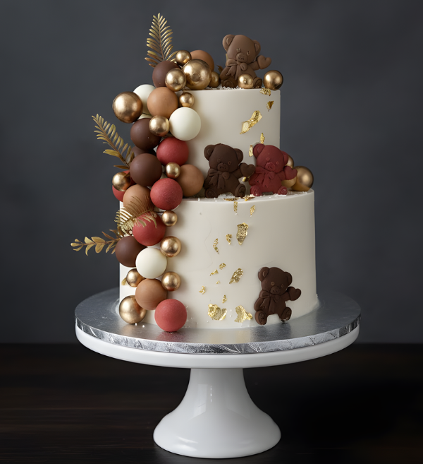 Golden Teddy & Cocoa Sphere Tiered Cake