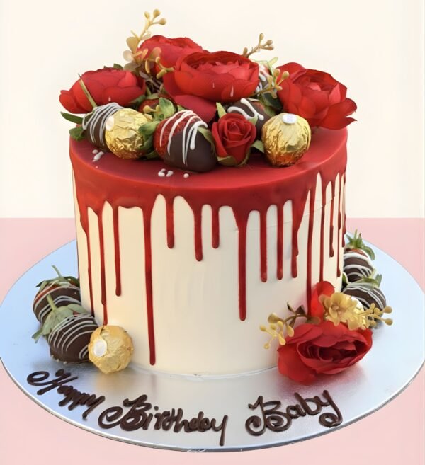 Red Drip, Fresh Strawberries and Roses Cake