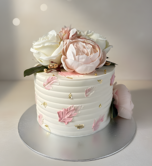 Elegant Peony & Gold Leaf Bloom Cake (2)